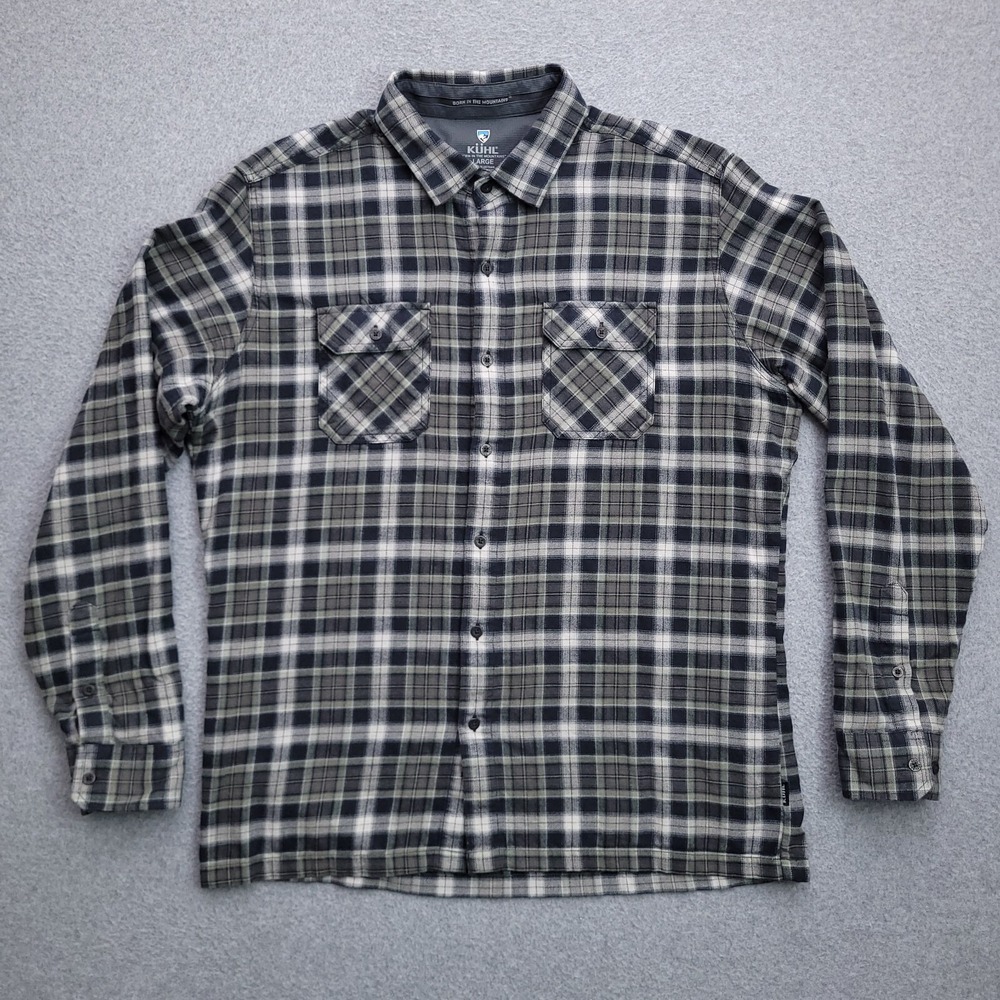 KUHL Dillingr Flannel Button Up Shirt Large Green Plaid Outdoor 7186 Men